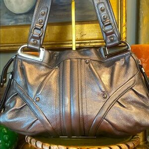 B. Makowsky Studded Metallic Silver Shoulder Bag.